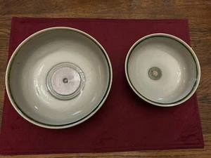 Stoneware Veg Bowl & Cereal Bowl Brown Tones With Green Circles - Picture 1 of 3