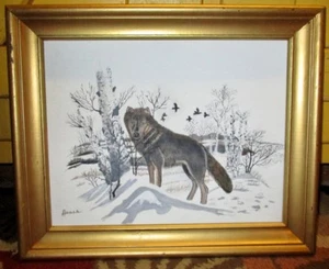 Folky Framed Painting on Artist Board Winter Wolf by Homer  - Picture 1 of 6