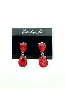 Vintage New On Card Eisenberg Ice Earrings - Teardrop Red Dangle Rhinestones - Picture 1 of 2