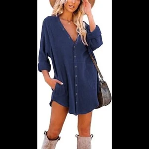 Women's Long Sleeve Button Down Oversized Tunic Dress - Picture 1 of 12
