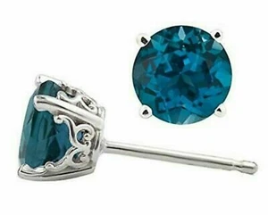 3Ct Round Cut London Blue Topaz Lab-Created Stud Earrings 14k White Gold Plated - Picture 1 of 4