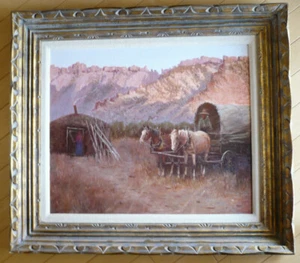 BILL BENDER, LISTED CALIFORNIA CA WESTERN HORSES WAGON VINTAGE IMPRESSIONIST OIL - Picture 1 of 12