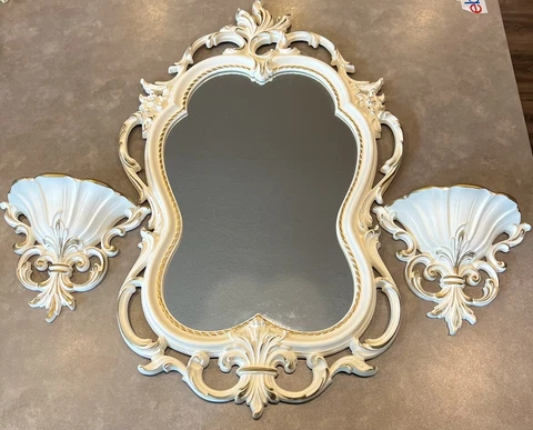 Vintage Lot Of 3 Syroco Mirror White Hollywood Regency Ornate Gold Wall Sconces Cover