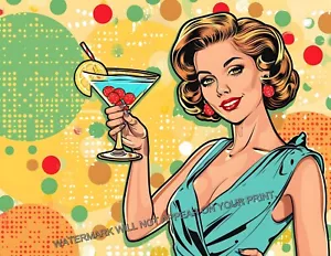 Affascinante Cocktail Martini Biondo Retro Metà Secolo Stampa Arte Moderna 8,5X11 - Foto 1 di 2