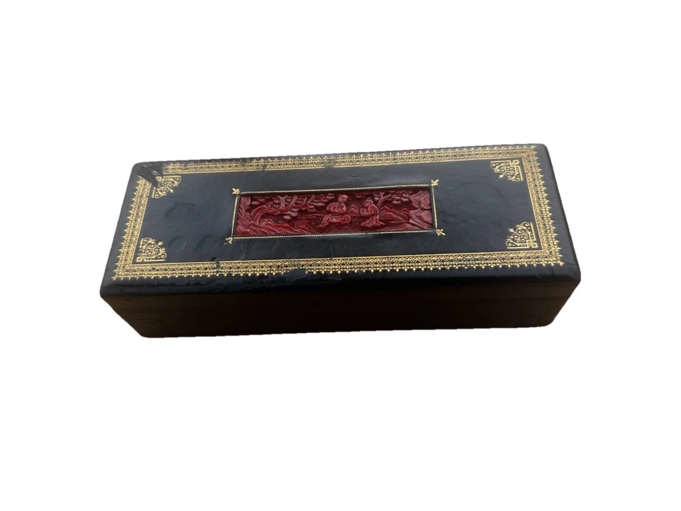 Шкатулка для ювелирных изделий из черной кожи камердинер с китайской резной инкрустацией КИНОВАРЬ - Изображение 1 из 4