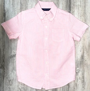 Janie & Jack Boys STRIPED SEERSUCKER SHIRT Size 5 Pink White Short Sleeve Top - Picture 1 of 3