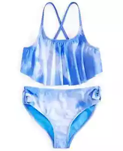 BREAKING WAVES Big Girls 2-Pc. Flounce Bikini Swimsuit Blue/ White Size 7 - Picture 1 of 3