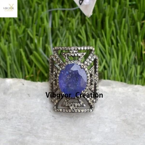 Tanzanite Gemstone Pave Diamond Ring 925 Oxidized Silver Jewelry Birthday Gift - Picture 1 of 6