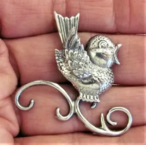 Vintage Sterling Silber 925 Singvogel auf Ast Anstecknadel Brosche signiert Lang 5g - Bild 1 von 6
