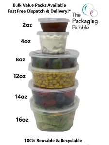 Round Food Containers Plastic Clear Tubs with Lids Deli Pots Sauce Dip Chutney - Picture 1 of 17