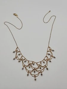 Classy 17" 10k White & Yellow Gold Bib Necklace Beaded Chain Weaved Design - Picture 1 of 8