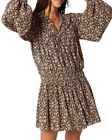 Joie Essex Jedwabna sukienka Damska 0 Espresso Multi Smocked Drop Talia Długie rękawy +