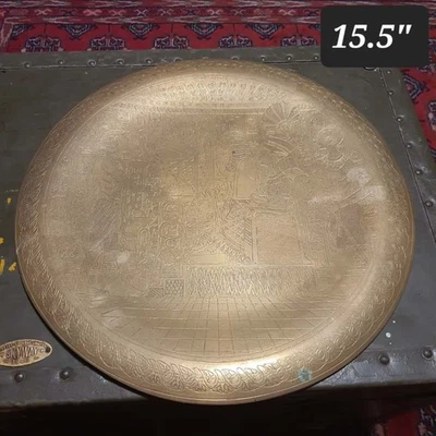Vintage Hand-Engraved Brass Plate/Tray-Egyptian Scene- 15.5” Decorative Wall Art - Image 1 of 4