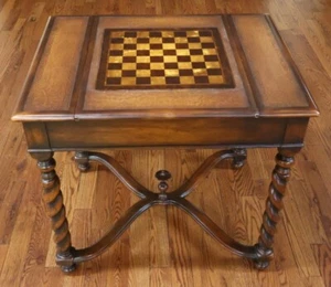 Theodore Alexander Walnut And Burled Walnut Spiral Leg Leather Top Game Table - Picture 1 of 15