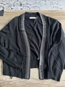 Calvin Klein Open Cropped Cardigan Evening Wear Black Crystal Accents sz L - Picture 1 of 4
