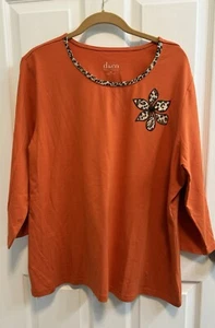 Denim Co XL Orange T-shirt Animal Print Trim 3/4 Sleeves Stretch Preowned - Picture 1 of 11