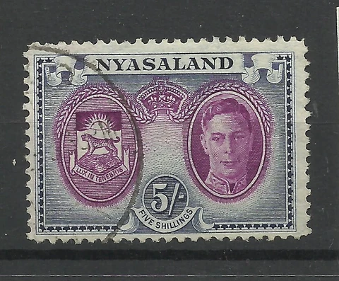 NYASALAND 1945 Sg 155, 5/- Purple & Blue, Fine used. {B12-495} Cover
