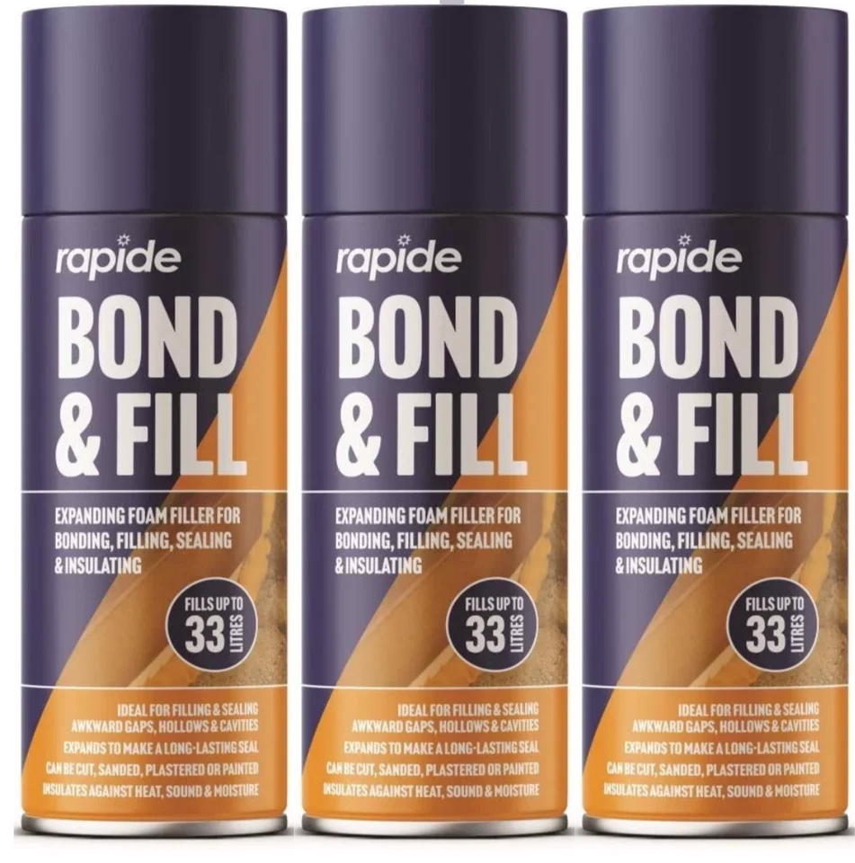 RAPIDE 3 x 500ML EXPANDING FOAM PU FILLER FOR BONDING UK FILLING SEALING & INSULATING