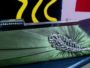  INGE CHRISTOPHER GREEN SATIN CRYSTAL JEWELED EVENING BAG VINTAGE LOOK - Picture 1 of 9