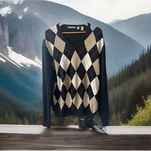 Clarke Gregory Sweater Mens Large Pima Cotton Black Argyle Neck Preppy Warm - Picture 1 of 11