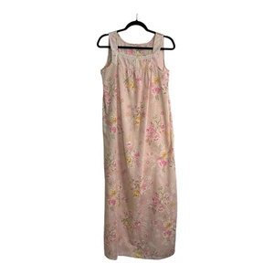 Camicia da notte vintage rosa floreale cotone senza maniche dettagli pizzo lunghezza intera fatta a mano M - Foto 1 di 7
