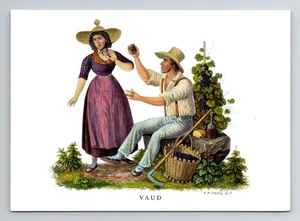Postal 6x4" Vaud - Antiguos trajes nacionales suizos por David Aloys Schmid - Imagen 1 de 2