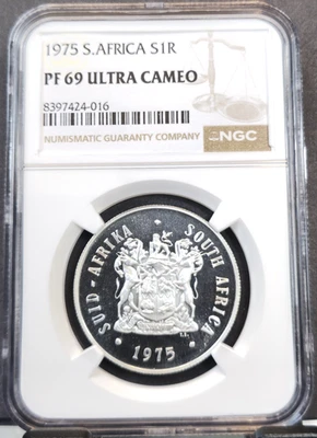 1975 SOUTH AFRICA SILVER 1 RAND SPRINGBOK NGC PF 69 ULTRA CAMEO RARE TOP POP 1 - Image 1 of 3
