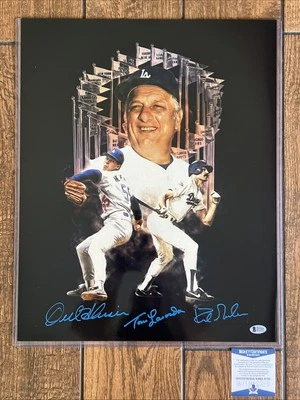 Kirk Gibson Orel Hershiser Tommy Lasorda Firmado 16x20 Dodgers Cromo Foto BAS Foto 1 de 4