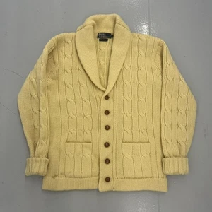 Vintage 80er Polo Ralph Lauren gelb Wolle Zopfmuster Schalkragen Strickjacke 80s - Bild 1 von 4