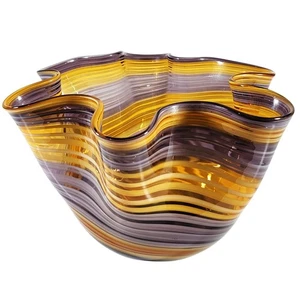 Fazzoletto Increspato Smerlato Soffiato a Mano Arte Ciotola Vaso Ondulato 5,5"x9" Vintage - Foto 1 di 12