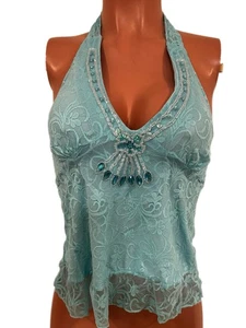 Y2K Blue Beaded Embellished Lace Lined Bust Babydoll Halter Top New Glam 2000k - Picture 1 of 3