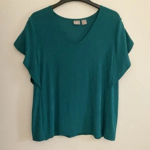 Chicos Women Top Green Turquoise Flutter Tulip Sleeve Size 3 V- Neck - Picture 1 of 7