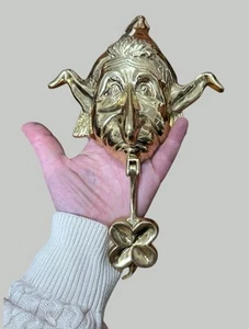 Vintage Lucky Elf Four Leaf Clover Shiny Polished Brass Door Knocker - Picture 1 of 7