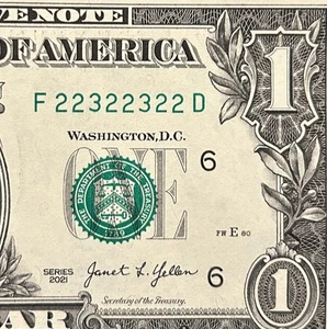 Fancy Serial Number $1 One Dollar 22322322 Binary Radar! Crisp UNC Rare Note - Picture 1 of 3