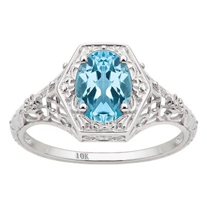 10k White Gold Vintage Style Genuine Oval Blue Topaz Filigree Ring - Picture 1 of 5