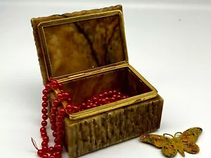 Vintage Onyx Marble Green Trinket Box Gold Metal - Picture 1 of 8