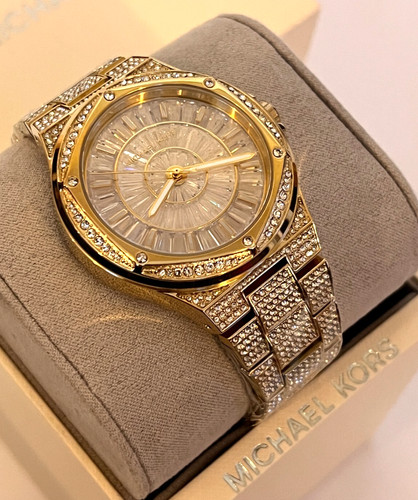 Orologio MICHAEL KORS MK6991 Lennox donna pavè di cristallo tono oro nuovo con etichette G Box $550