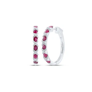 14kt White Gold Womens Oval Ruby Diamond Hoop Earrings 3 Cttw - Picture 1 of 1