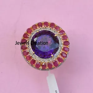 Amethyst Ruby Gemstone 925 Silver Gold Plated Pave Diamond Flower Wedding Ring - Picture 1 of 6