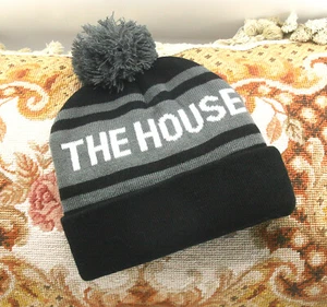 THE HOUSE BLACK WHITE & GRAY STRIPED BALL KNIT BEANIE - Picture 1 of 7
