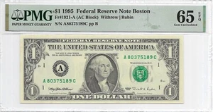 1995 $1 BOSTON FRN. PMG GEM Uncirculated 65 EPQ Banknote. A/C Block. DC Print - Picture 1 of 2