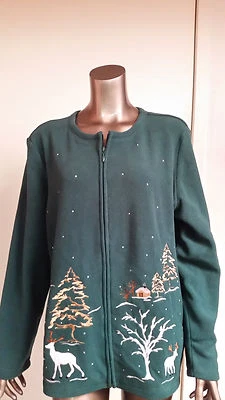 NWT Holiday Editions Christmas Cabin Scene Fleece Zip Front Jacket Top - Image 1 of 2