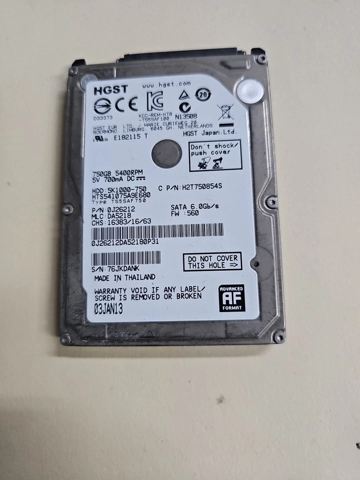 HGST 5K1000-750 5400RPM 3Gb/s 750GB HDD HTS541075A9E680 Wiped And Tested - Image 1 of 4