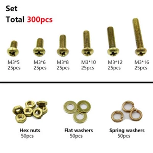 300pcs M3 Brass Phillips Pan Head Screws Bolt & Hex Nuts Washers Assortment - Picture 1 of 1