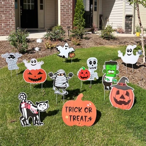 10Pcs Pumpkin Ghost Monster Yard Signs with Stakes Halloween Prop Outdoor Decor - Picture 1 of 9