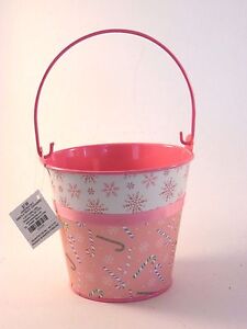 Pink Snowflake Candy Cane Metal Candy Bucket Container Christmas Desk Decoration
