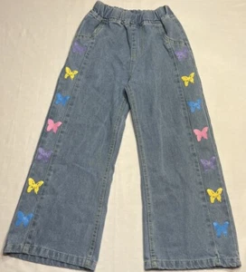 Kids Girls Casual Wide Leg Denim Jean Pants Butterfly Elastic Waist W/ Pockets. - Picture 1 of 6