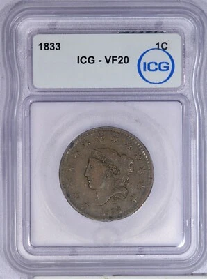 1833 Coronet Head Large Cent 1c ICG VF20 - Image 1 of 2