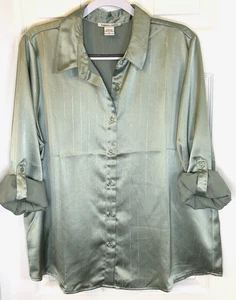 Sabrina Lauren Blouse Sz XL Sage Green Metallic Satin Roll Tab Sleeve Top NWOT - Picture 1 of 7