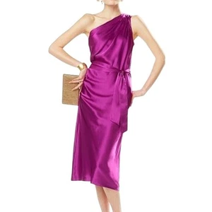NWT Banana Republic Silk One Shoulder Dress Belted Satin Silky Midi Fuchsia - 4 - Picture 1 of 10